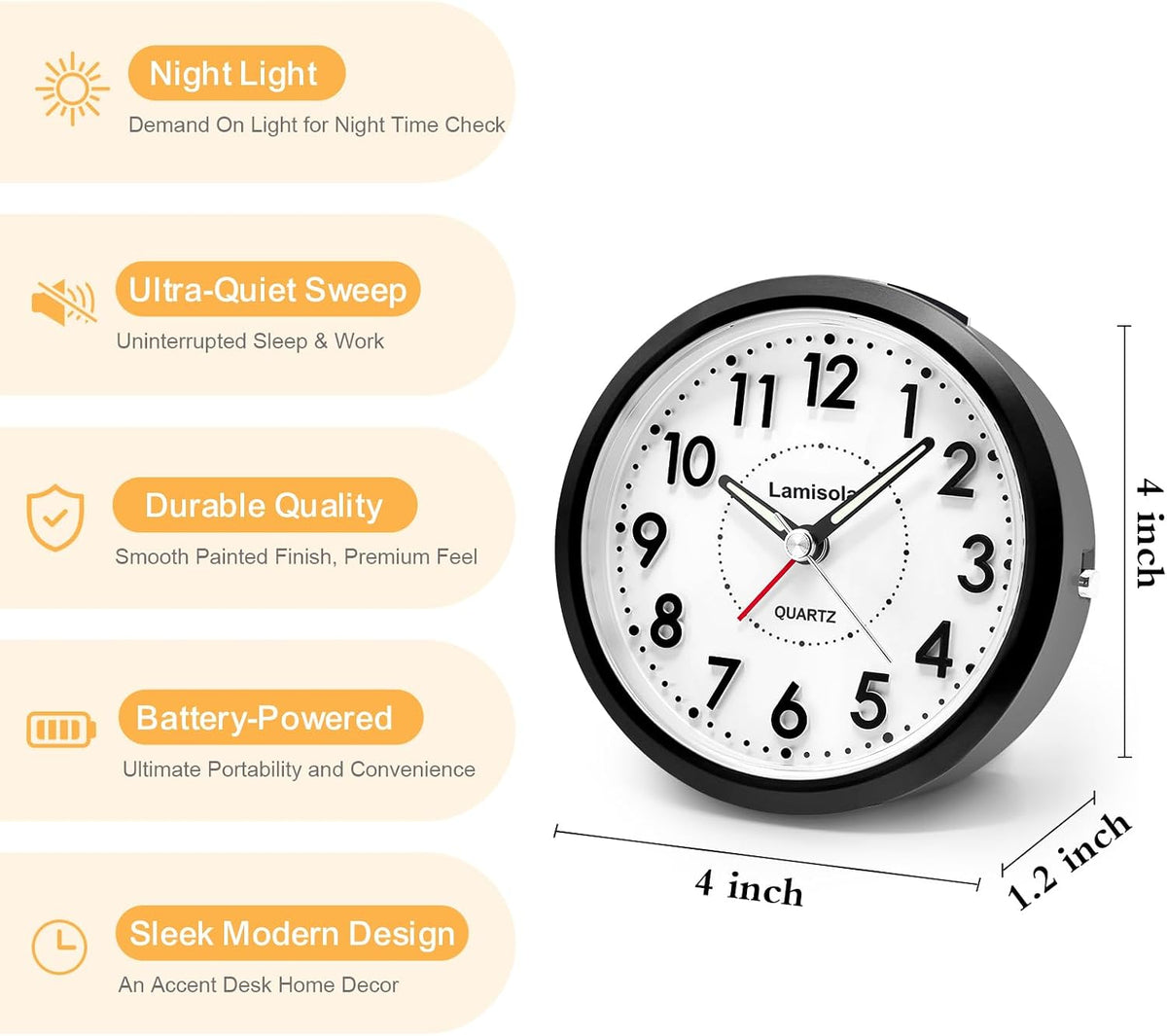 Lamisola 4 Inch Alarm Clock for Bedrooms, Small Analog Desk Clock, Black