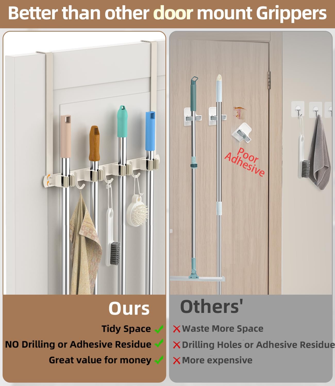 Broom Holder Over The Door with Hooks -304 Stainless Steel (Black) | Save Space, Anti-Rust & Sturdy, Mop and Broom Holder Wall Mounted or Hanging Over The Door, for Garage Laundry Kitchen