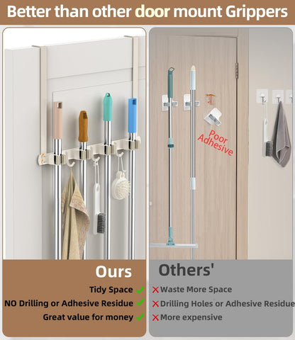 Broom Holder Over The Door with Hooks -304 Stainless Steel (Black) | Save Space, Anti-Rust & Sturdy, Mop and Broom Holder Wall Mounted or Hanging Over The Door, for Garage Laundry Kitchen