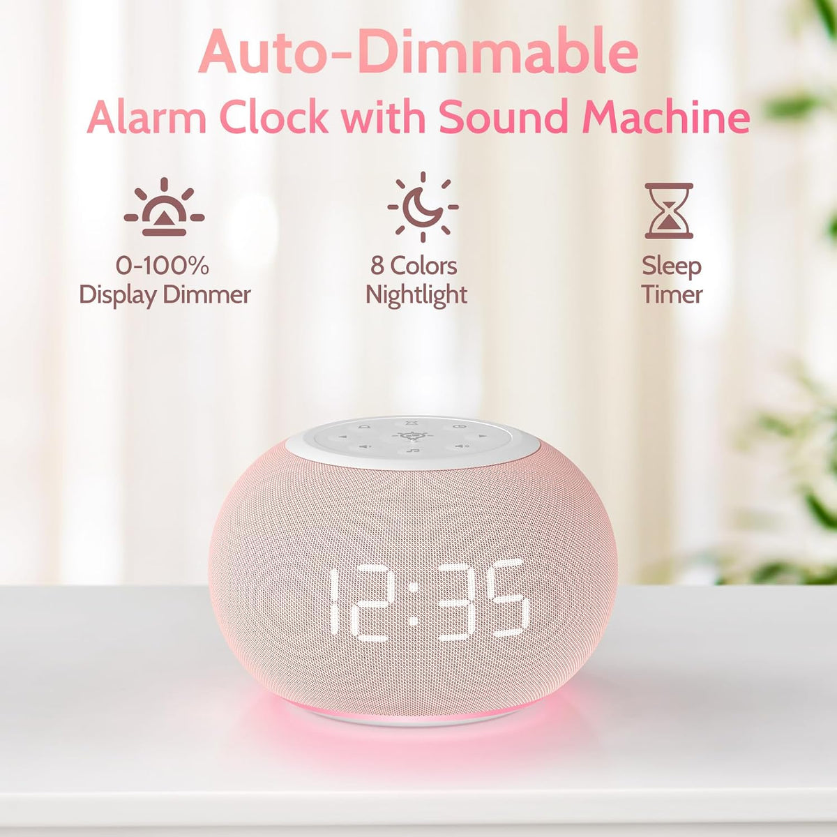 REACHER Auto Dimmable Sound Machine Alarm Clock with Night Light for Girls