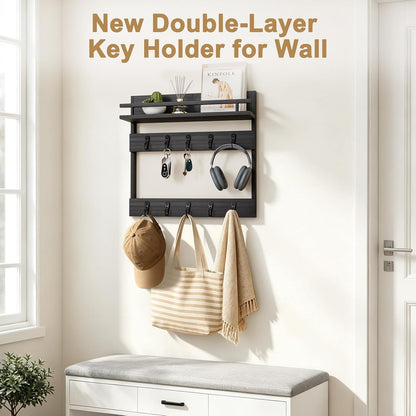 Two-Tier Wall Key Holder with Shelf,Wooden Key Holder Wall Mount | 4 in 1 Coat and Key Hanger with 10 Metal Hooks,Entryway Key Holder with Shelf,Mail Holder for Wall,Mail Organizer