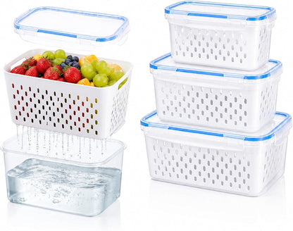 3 Pack Fruit Storage Containers for Fridge with Removable Colander and Lids | Fruit Containers for Fridge, Produce Containers for Fridge for Berry, Lettuce, Salad, Microwave and Dishwasher Safe