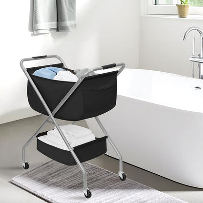 STORAGE MANIAC Collapsible Laundry Cart with Wheels 35.6"H Removable Canvas Bag Rolling Laundry Hamper Clothes Basket with Wheels, Sturdy Steel Frame Folding for Small Narrow Space Easy Storage, Beige