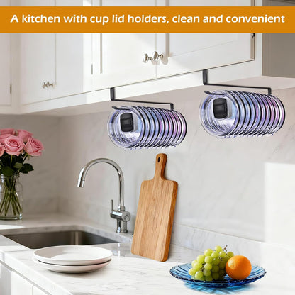 LWGFIO 2 Pack Tumbler Lid Organizer, Under Cabinet Cup Lid Holder, Black | Iron racks, 10.24-inch length, slide onto shelves, no drilling or adhesive, space-saving kitchen storage inside cabinets