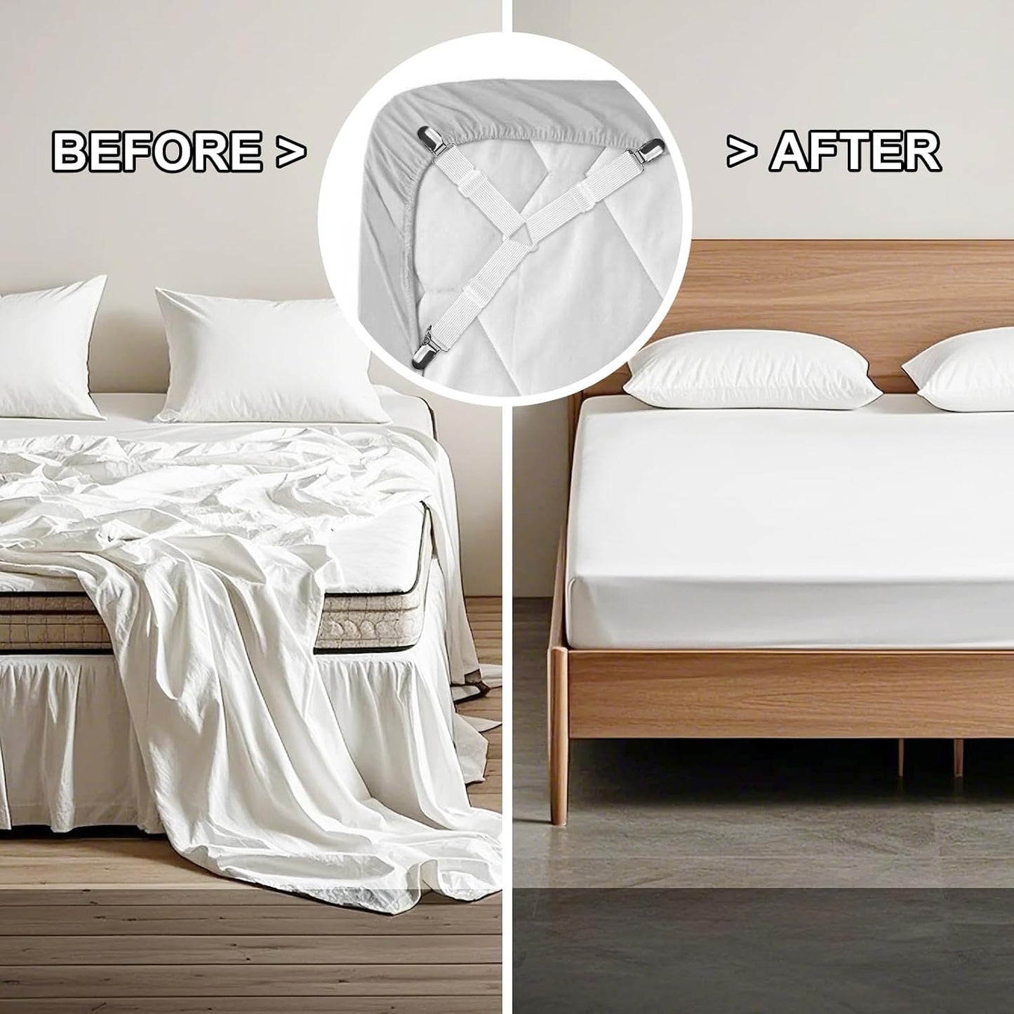 Fitted Bed Sheet Straps: Sheet Holder Suspenders (White, 4-Pack)