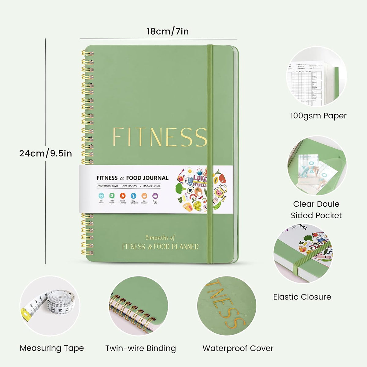 Fitness & Food Journal for Women, Undated 150-day Workout & Wellness Planner with Measuring Tape, Pink Weight Loss Journal for Setting Goals Tracking Exercise Training Diet Progress (9.5’’*7’’)