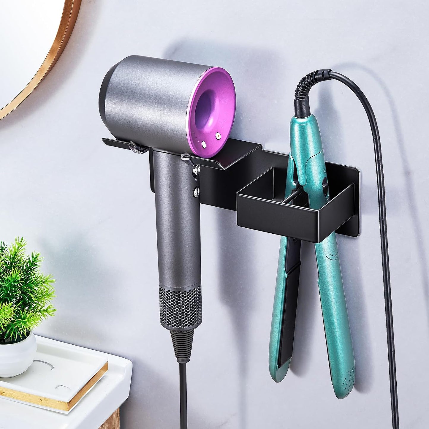 Hair Dryer Holder Wall Mounted, Hair Straightener Holder Metal, Adhesive Blow Dryer and Hair Straightener Holder, Bathroom Bedroom Hair Tool Organizer for Flat Iron,Curling Iron,Hairdryer (White)