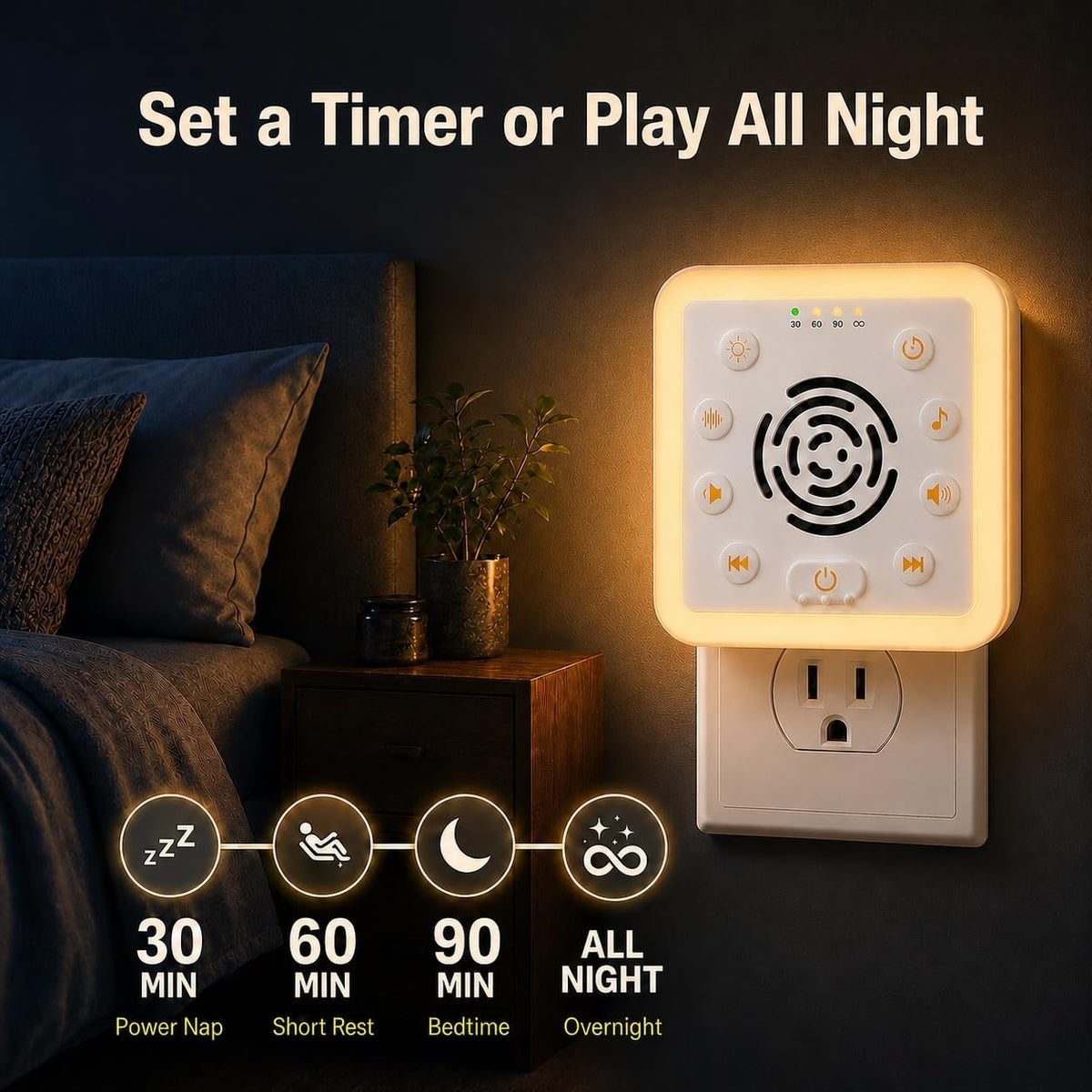 Zarler Wall Plug in White Noise Machine - Always On, No Batteries to Recharge, Noise Masking Sound Machine for Sleep, Office Privacy & Travel, 32 Volume Controls, 30 Soothing Sounds, Night Light