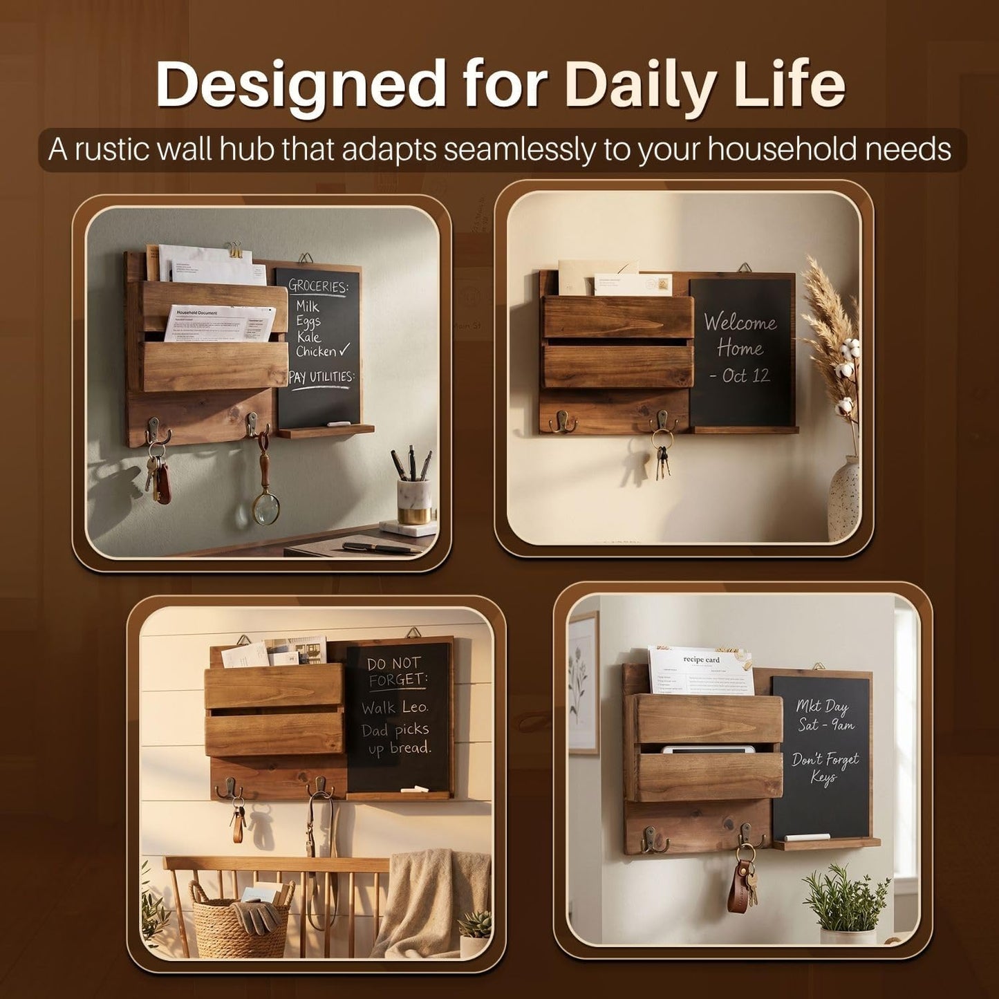 Flexzion Chalkboard Key Holder Wall Mount, Mail Organizer with Wood Shelf | Rustic Wood Entryway Message Center with Double Hooks and Mail Slot for Letters, Notes, Wallets and Daily Essentials
