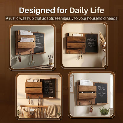Flexzion Chalkboard Key Holder Wall Mount, Mail Organizer with Wood Shelf | Rustic Wood Entryway Message Center with Double Hooks and Mail Slot for Letters, Notes, Wallets and Daily Essentials