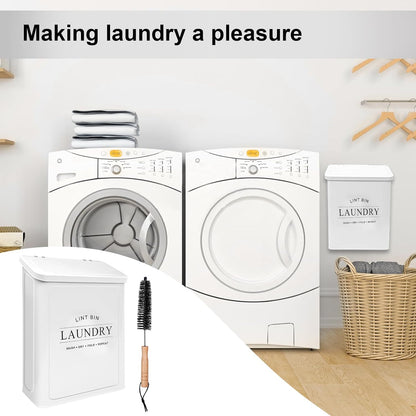 Magnetic Lint Bin with Lint Brush for Laundry Room Decor Farmhouse Rustic Metal Wall Mounted Lint Box Holder Keeper Organization Lint Trash Can with lid for Dryer