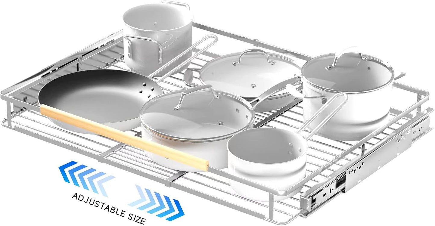 Pull Out Cabinet Organizer, 23~39.8" W x 22.5" D, 2 Pack | Expandable Pull Out Shelves for Kitchen Cabinets, Heavy Duty Stainless Steel Slide Out Pantry Shelves Sliding Shelf for Home