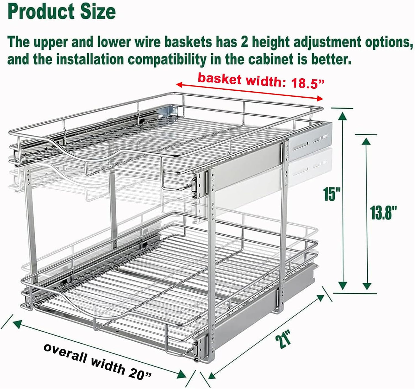 DINDON 2 Tier Pull Out Cabinet Organizer (20" W X 21" D), Double Tier Wire Basket Slide Out Shelf Storage for Kitchen Base Cabinet Organization for Kitchen, Pantry, Bathroom, Chrome