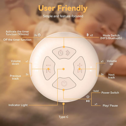 Portable Baby Sound Machine, White Noise Sleep Soother with 12 Soothing Sounds, 15H Battery, Timer & Bluetooth, Noise Canceling for Travel, Nursery, Stroller, Registry Gift for Newborn