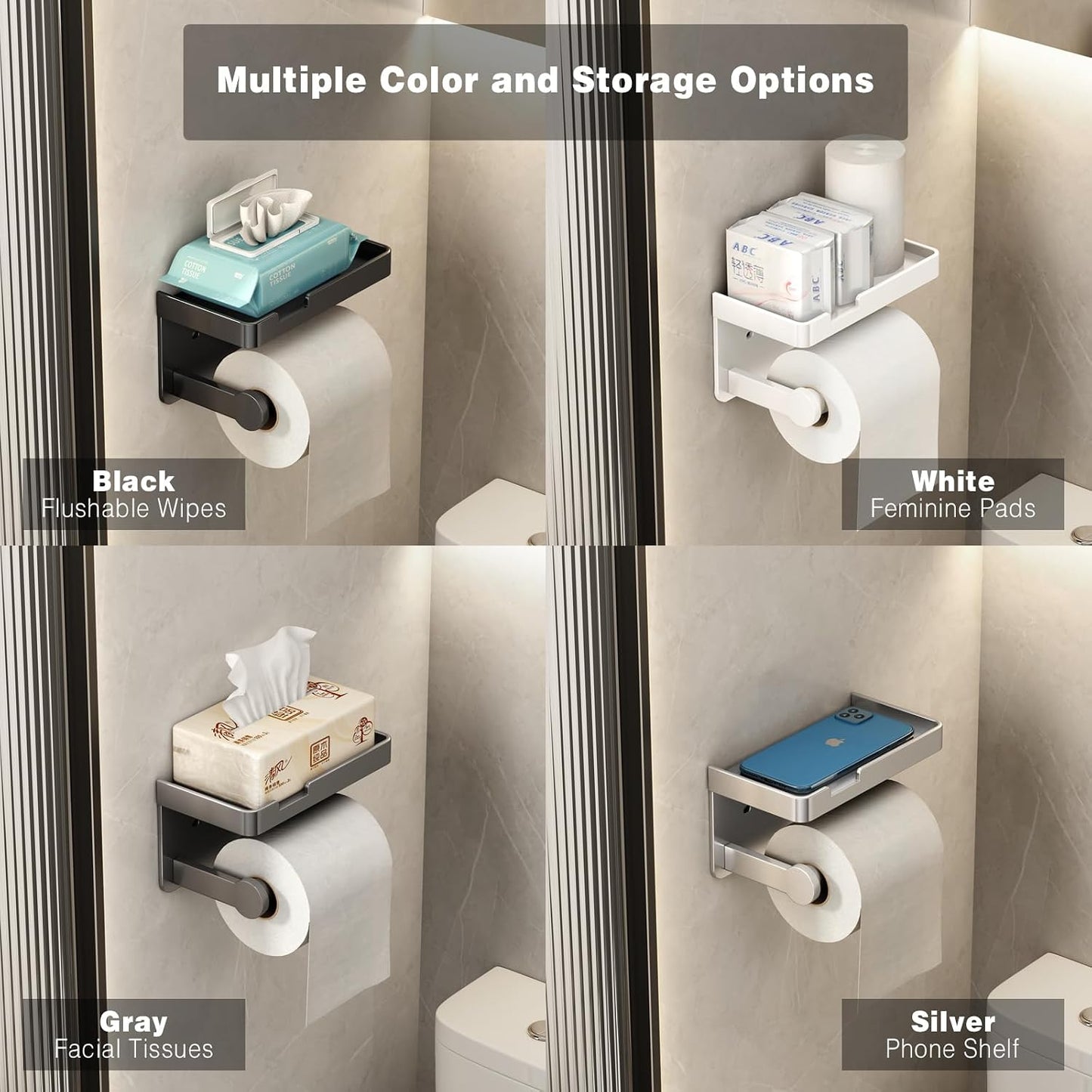 VOLDRA Toilet Paper Holder with Shelf Black Wipes Dispenser for Bathroom Toilet Paper Holder with Storage Upgrade Drawer Design Toilet Tissue Holder Adhesive Small Bathroom Shelf Wall Mount