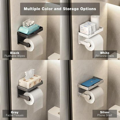 VOLDRA Toilet Paper Holder with Shelf Black Wipes Dispenser for Bathroom Toilet Paper Holder with Storage Upgrade Drawer Design Toilet Tissue Holder Adhesive Small Bathroom Shelf Wall Mount