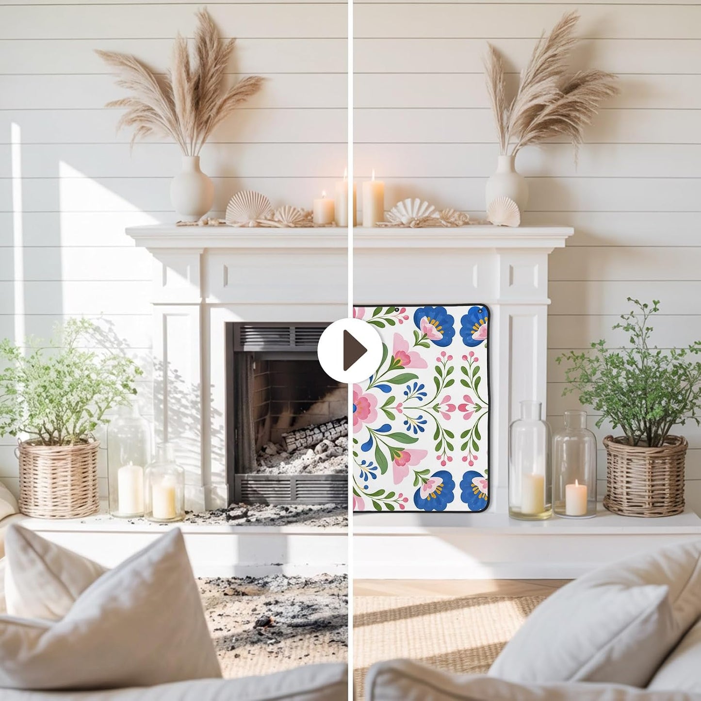 Magnetic Fireplace Cover Bird Branches Fireplace Screen Decorative Green Leaves Frame Insulation Fireplace Blocker Blanket Save Energy Fireplace Draft Stopper Covers for Living Room 45x34 Inch