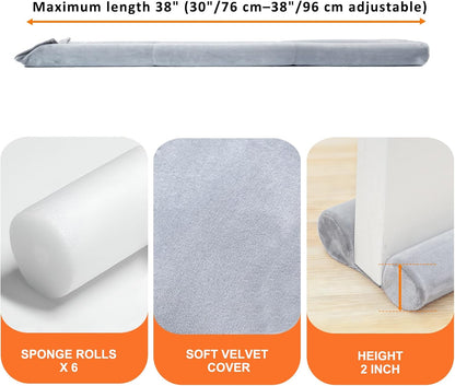 Under Door Draft Stopper 30-38" Adjustable Wind Stopper for Door & Window, Foam Door Sweep Air & Noise Blocker for Bottom of Doors Double Side Seal - Black