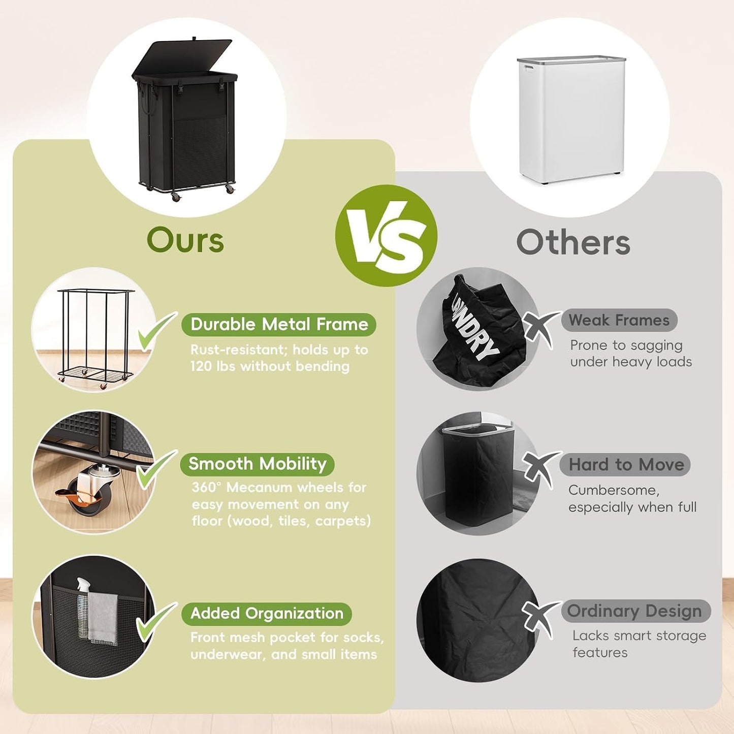 Laundry Hamper with Wheels, 150L Rolling Laundry Basket with Bag & Handles | Sturdy Metal Frame | Removable Bag | Large & Tall Dirty Clothes Hampers for Laundry Room, Bedroom, Dorm, Bathroom-Black
