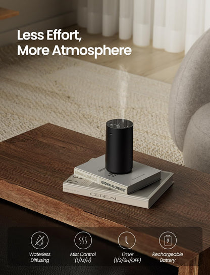 Waterless Essential Oil Diffuser, Rechargeable Scent Diffusers with 3 Mist Levels & Timers, Portable Aromatherapy Diffuser for Home Car Room Studio Office, Black Metal