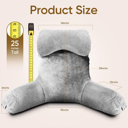 OAISZ Reading Pillow for Sitting in Bed with Shredded Memory Foam, Grey | 19-Inch Back Pillow for Sitting Up in Bed, Extended Arms, Side Pockets, Supportive Adjustable Pillow Removable Washable Cover