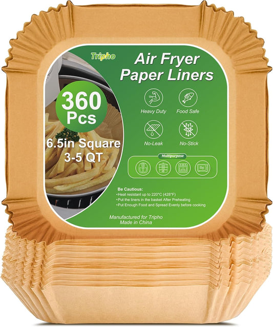360 Pcs 8” Square Unbleached Heavy Duty Air Fryer Paper Liners Disposable, Non-Stick & Non-Leak Parchment Paper Liners for Airfryer Basket, Deep Fryer Parts & Accessories