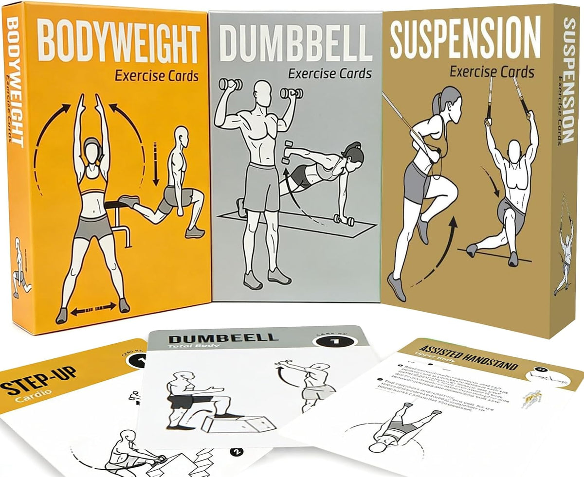 Bodyweight & Dumbbell Workout Cards - 100 Large 5"x3.5" Exercise Cards with 24 Strength Moves, Home & Gym Fitness Cards for Men & Women, Beginner Fitness Guide