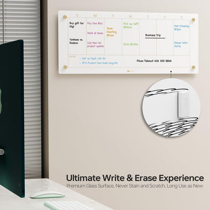 Yeoux Clear Glass Golden Weekly & Menu Dry Erase Calendar Board 15“x11 | Wall Mount, Non-Magnetic, Meal Planning & Grocery Shopping List Whiteboard for Kitchen & Home, 4 Markers