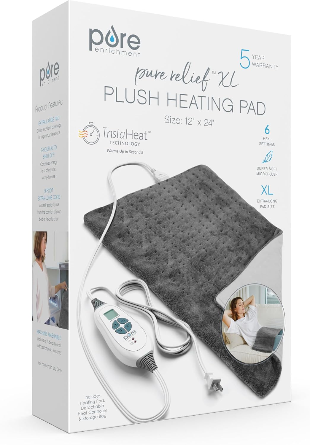 Pure Enrichment PureRelief XL Heating Pad - 12" x 24" Electric Heating Pad for Back Pain & Cramps, 6 Heat Settings, FSA/HSA Eligible, Soft Machine Wash Fabric, Auto-Off & Moist Heat (Zen Green)