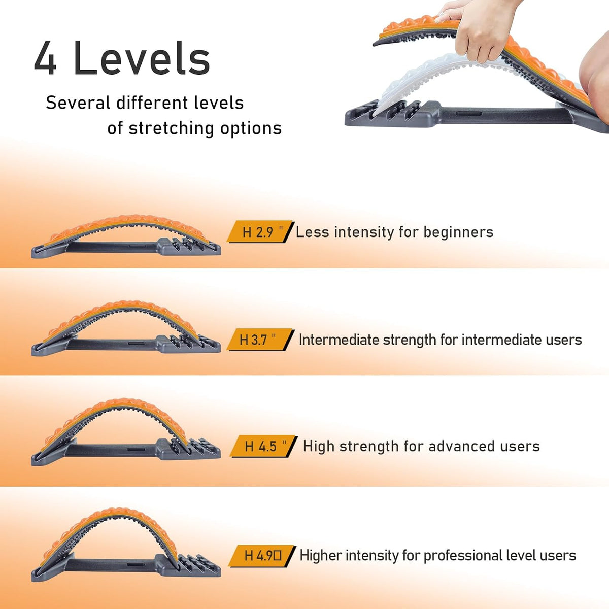 Back Stretcher for Lower Back Pain Relief - 4 Level Adjustable Spine Decompression & Cracking Device, Lumbar Support for Sciatica, Scoliosis and Posture Correction (Orange)