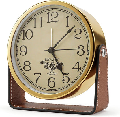 Analog Alarm Clock - 4.5" Silent Non Ticking Small Clock with Light, Rotatable Stand Metal Desk Clock Battery Operated, Simple Design for Living Room Decor/ Bedroom/Bedside/Shelf (Black & White)