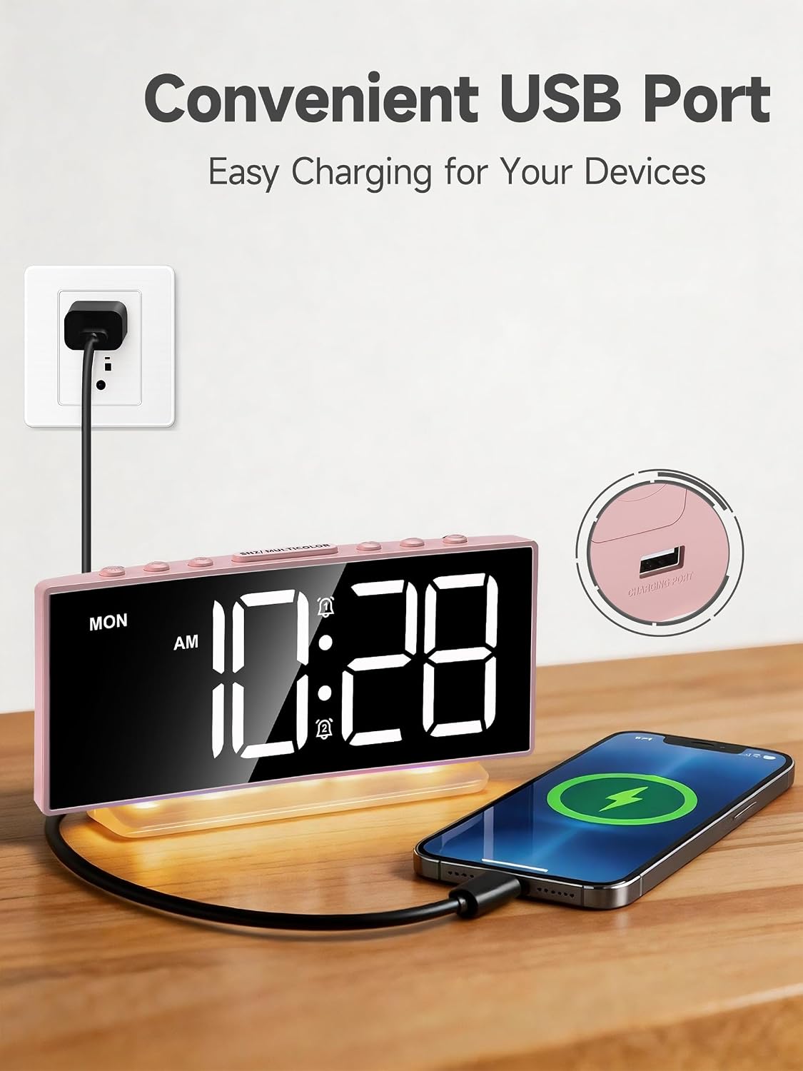 Cadmos Digital Alarm Clock - Extra Loud for Heavy Sleepers Adults Teens Kids, Rainbow Bedside Clock for Bedrooms, Large Display, 7 Color Night Light, Weekday & Weekend, 12/24h (Black+Dynamic)