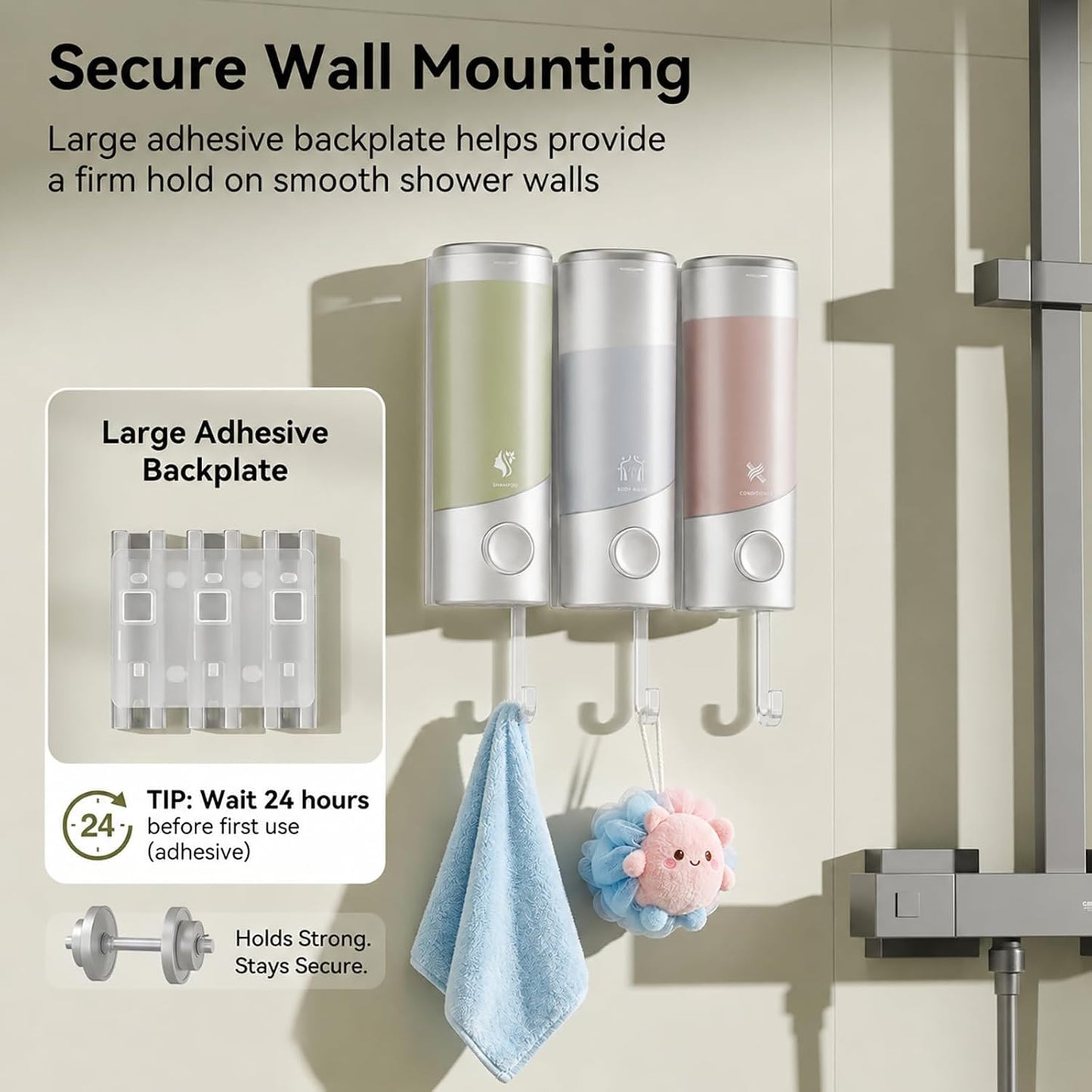 Shampoo and Conditioner Dispenser Wall Mounted with Hooks, 3-Chamber 1200ML Shower Soap Dispenser, No-Drill Bathroom Shower Organizer for Shampoo, Conditioner, Body Wash（Gun Grey）
