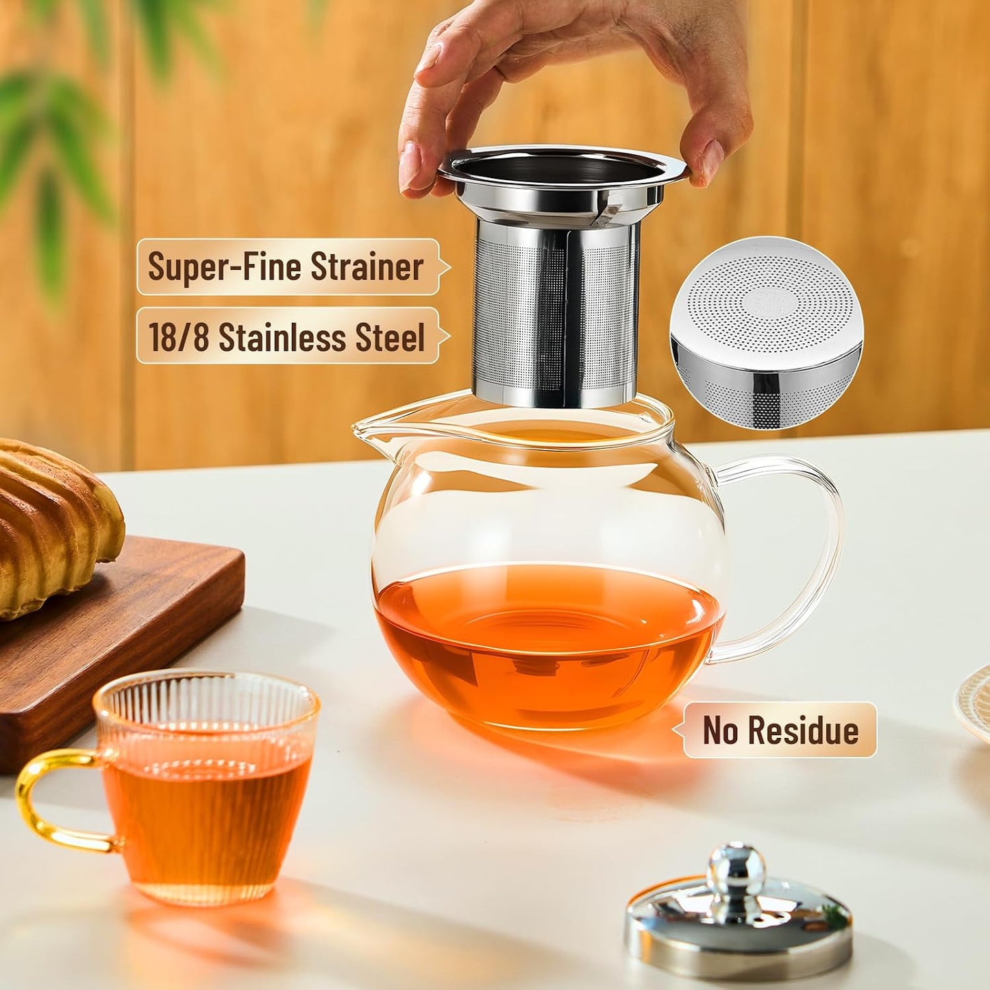 Baalaka Glass Teapot 18.6oz/550ml, Tea Pot with Removable Infusers for Loose Tea, Borosilicate Glass Tea Kettle Tea Maker Stovetop for Camping, Tea Infuser for Loose Leaf Tea Travel | Borosilicate glass tea kettle with infuser; steel strainer for loose