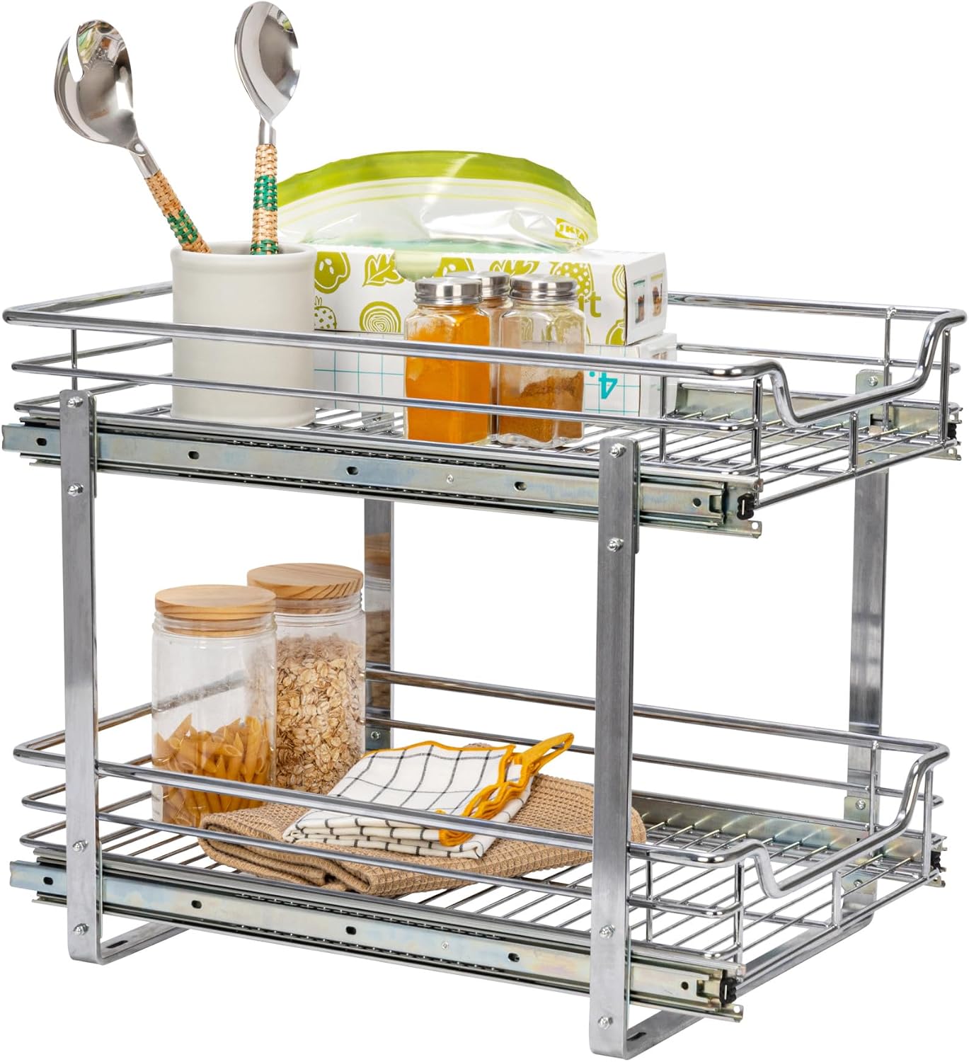 Household Essentials Glidez Multipurpose Chrome-Plated Steel Pull-Out/Slide-Out Storage Organizer for Cookware and Bakeware - 2-Tier Design - Fits Standard Size Cabinet or Shelf, Chrome