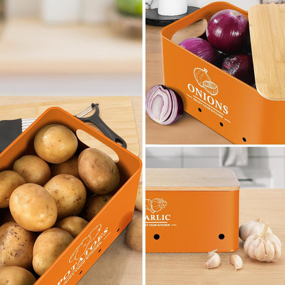 Kitchen Vegetable Storage Set of 3, Metal Onion Garlic Potato Storage Set, Kitchen Canisters Vegetable Keeper Containers with Aerating Holes and Bamboo Lid,Black