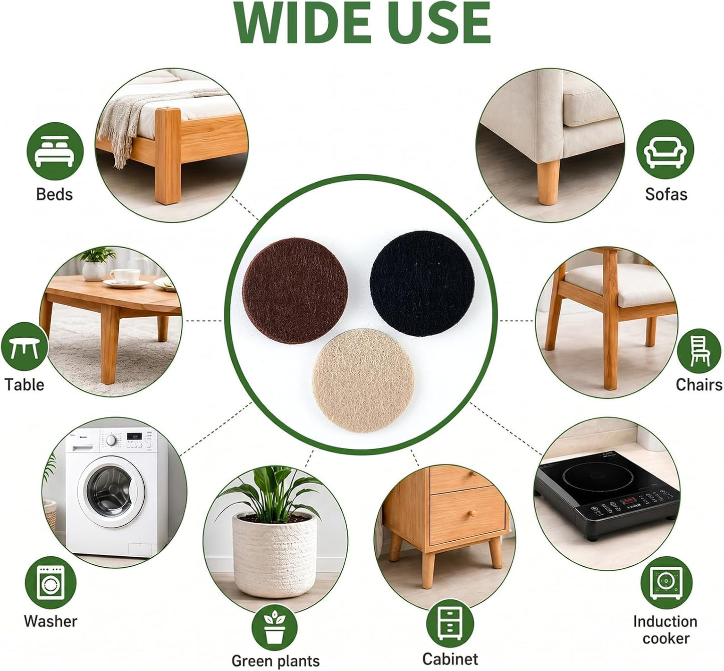 80 PCS Felt Furniture Pads, 1 Inch Round Felt Pads for Chairs, Tables, Sofas, Beds, Appliances, Self Adhesive Non Slip Floor Protectors for Hardwood Floors, 3mm Thick (Brown, Beige, Black)