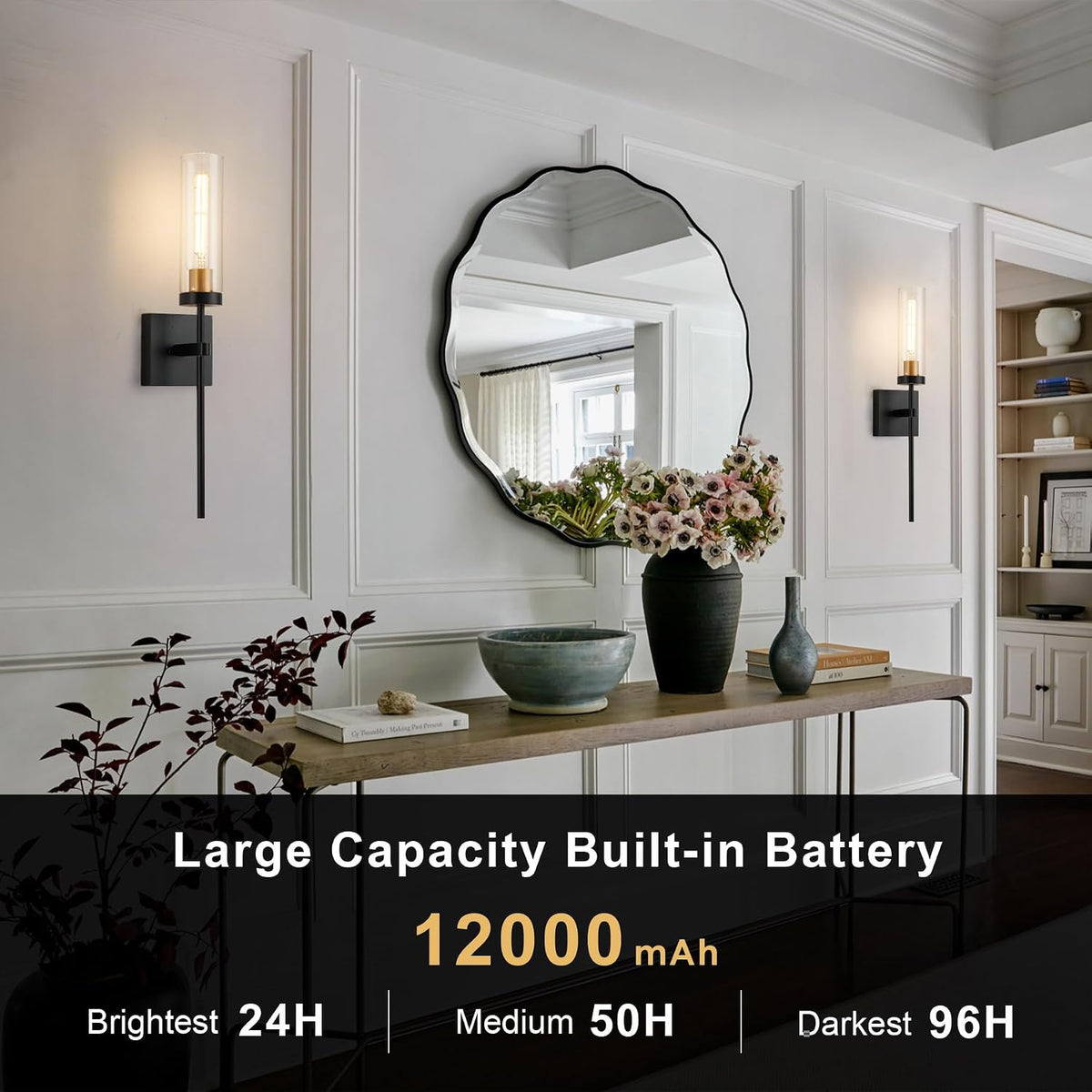 Wireless Wall Sconces with Remote Control, Battery Operated Wall Sconce Set of 2, Black & Gold Rechargeable Dimmable Wall Light for Bedroom Living room Bathroom Hallway Entryway Stairwell, 3000K