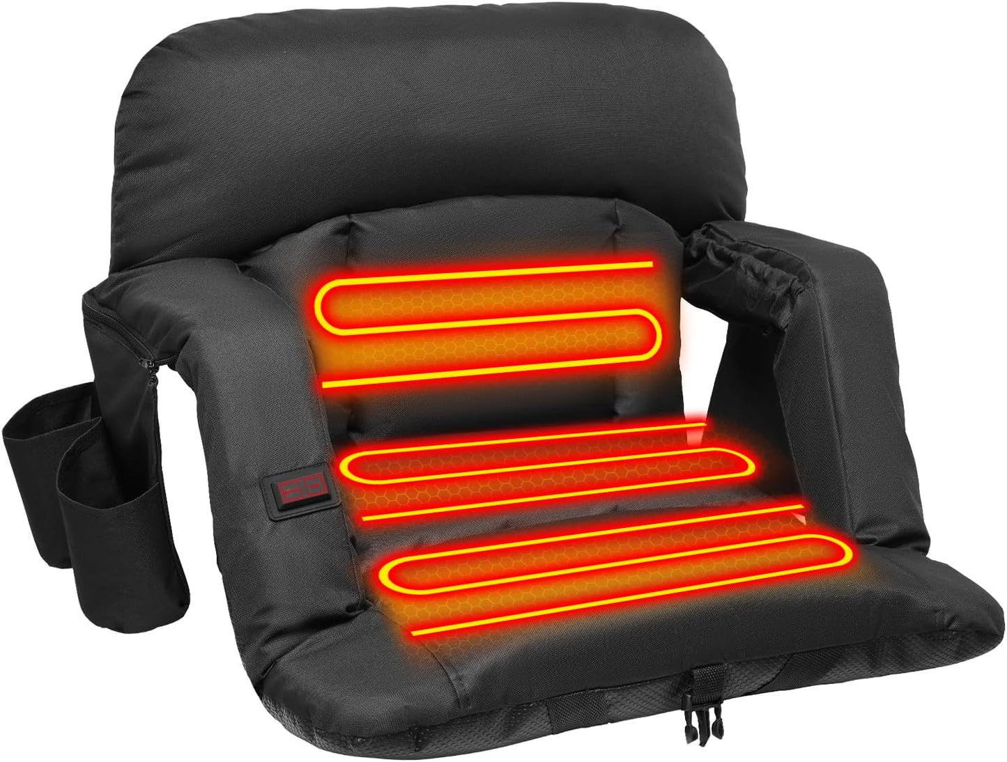 Suteck Heated Stadium Seats with Back Support 1 Pack, 23" Wide Sofa Style | Dual-Zone USB Heat, 6 Recliner, 3.83" Soft Cushion, 600D Waterproof, Hook Straps, Storage Pockets & Cup Holder, Half Fold