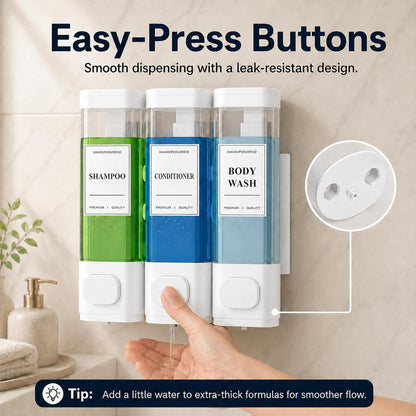 Shampoo and Conditioner Dispenser – Wall-Mounted Shower Soap Dispenser, No-Drill Installation, Lockable, 900 ml Capacity,for Bathroom & Hotel or Airbnb (Black, 3-Pack)