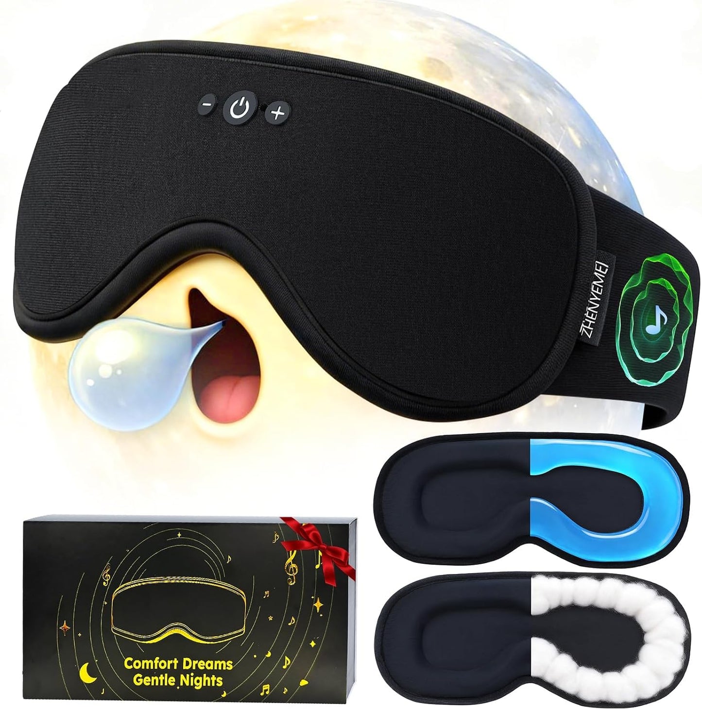 2 in 1 Smart Bluetooth Bamboo Cotton Sleep Mask Headphones, 3D Weighted Compress Eye Mask 100% Blackout Sleep Mask Zero Eye Pressure