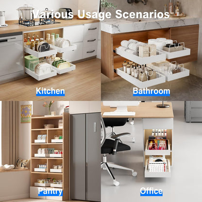 Mustorn 2 Pack Pull Out Cabinet Organizer, Slide Out Drawers for Cabinets, Peel and Stick, Heavy Duty Shelves for Kitchen, Cupboard, Pantry, Bathroom (16.5"D*11.8"W*3.94"H-Black)