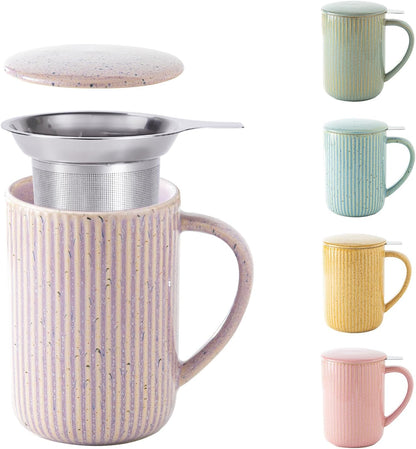 Yundu 15.5oz/470ml Flambe Purple Ceramics Teacups with Infuser and Lid, Loose Leaf Tea Cup