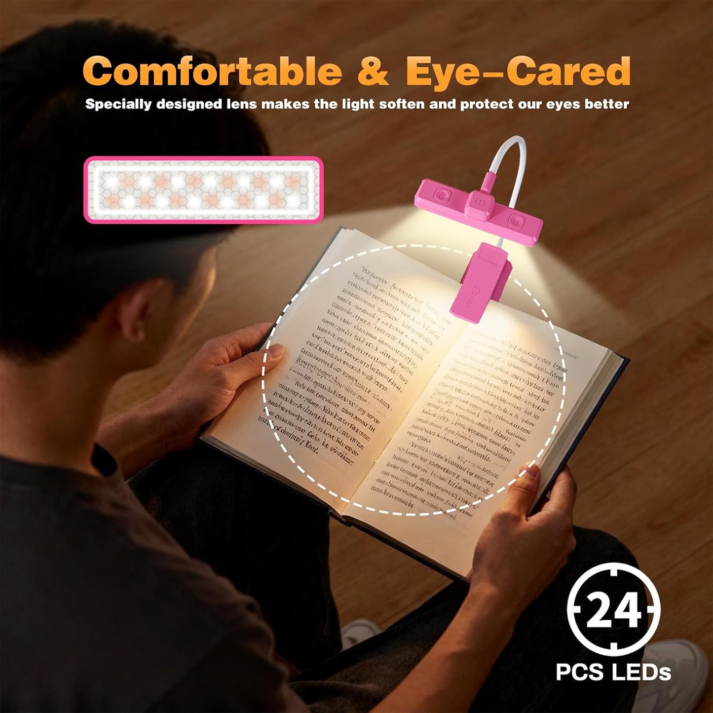 VAVOFO Rechargeable Book Light Rotatable：24 LEDs Reading Light, 3-Color & 9-Brightness Book Lamp, Eye Cared 120Hrs Runtime Lightweight Clip on Led Light for Book Lovers (Black)