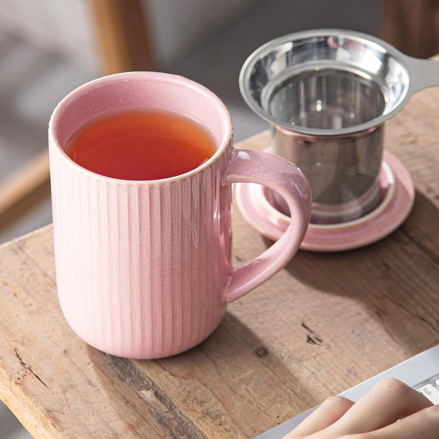 Yundu 15.5oz/470ml Flambe Purple Ceramics Teacups with Infuser and Lid, Loose Leaf Tea Cup