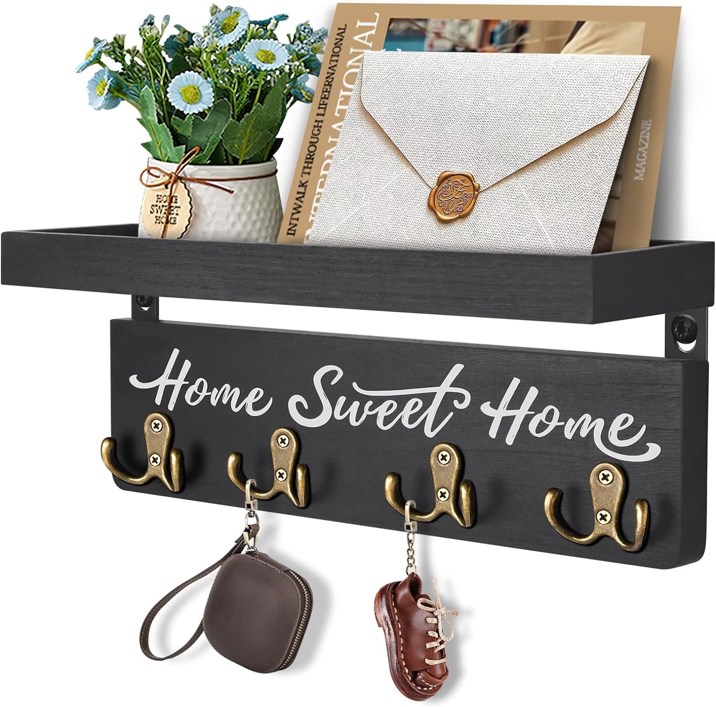 buways Key Holder Wall Mount with 8 Hooks and Cozy Home Sign (Gray) | Solid Wood, Floating Shelf for Keys, Mail, and Daily Essentials in Entryways, Hallways or Home Decor