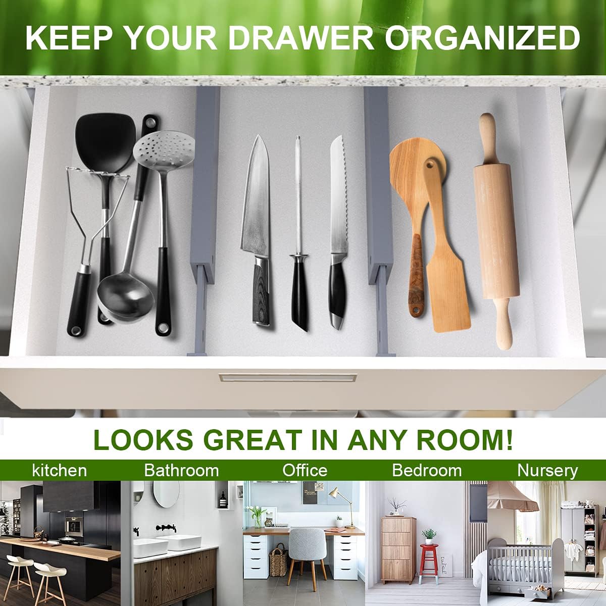 Bamboo Drawer Dividers Organizers, Drawer Separators Splitter,17-22 inches Long Adjustable Spring-loaded Organizer for Large Utensil, Clothes, Tools Drawers(yellow)