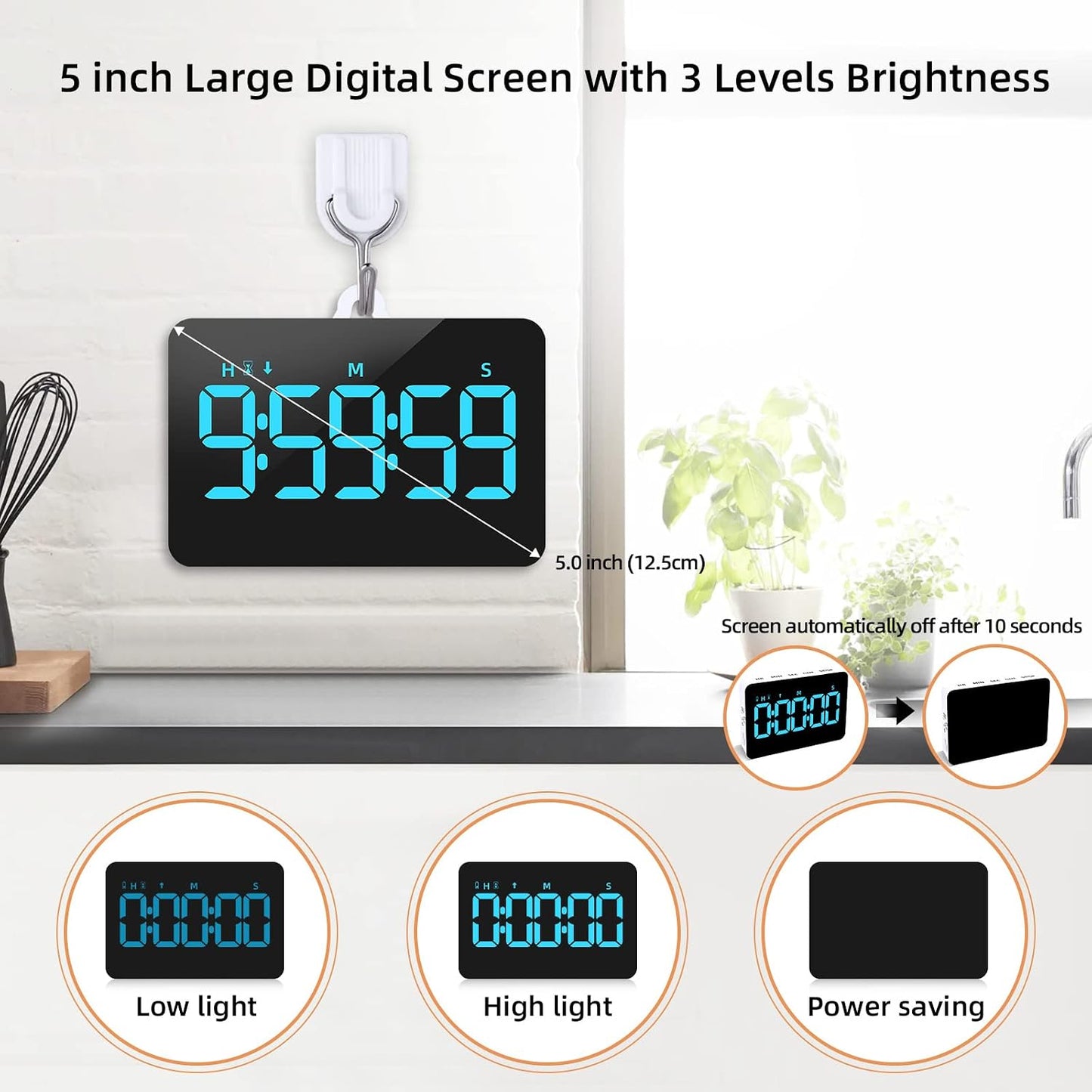 Samshow Rechargeable Digital Kitchen Timer, Ice Blue, 5 Inch | Countdown/Up, 3 Adjustable Brightness, 4 Adjustable Volume , 5" LED Display, Magnetic, For Classroom/Office/Home/Work/Game