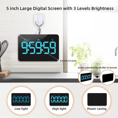 Samshow Rechargeable Digital Kitchen Timer, Ice Blue, 5 Inch | Countdown/Up, 3 Adjustable Brightness, 4 Adjustable Volume , 5" LED Display, Magnetic, For Classroom/Office/Home/Work/Game