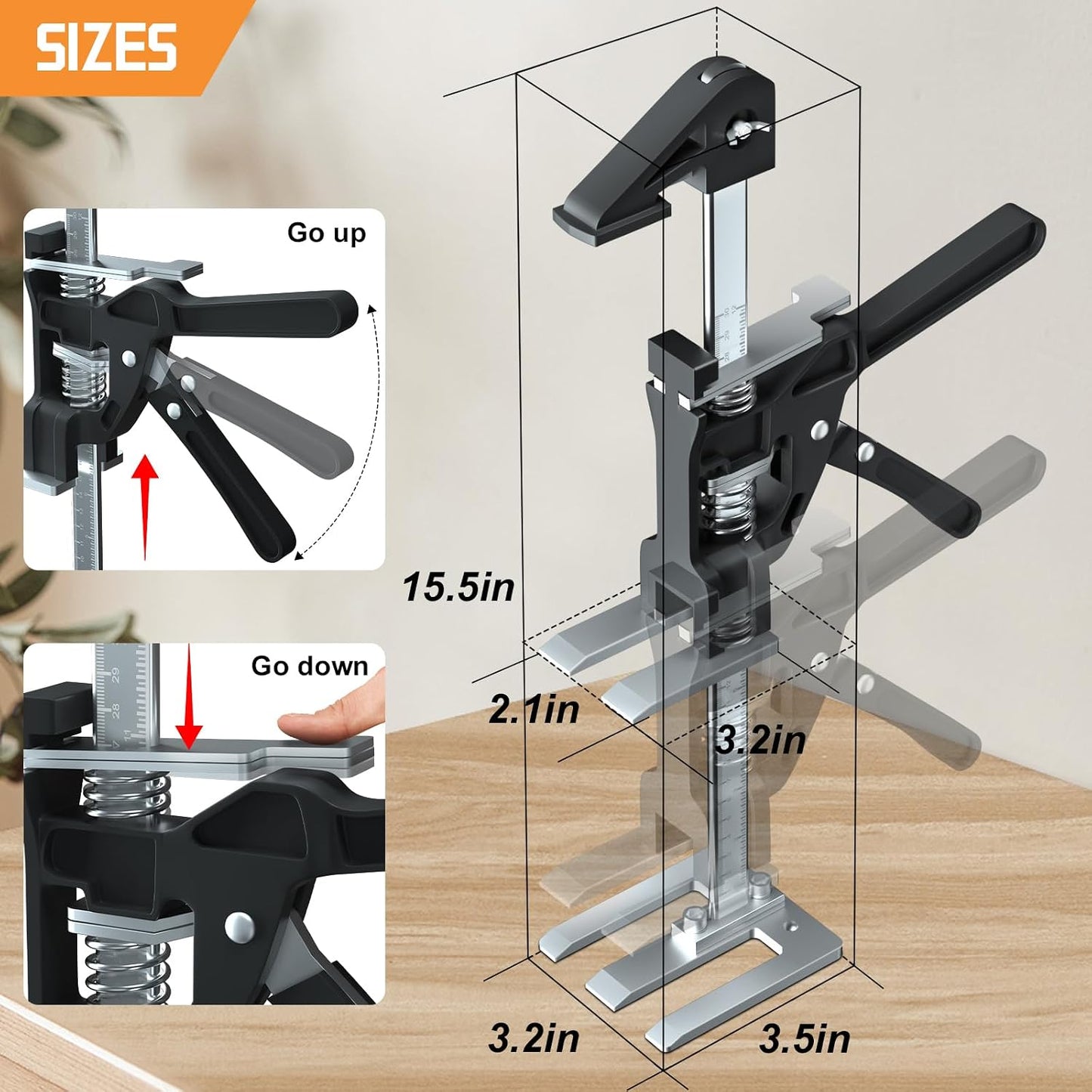 [Upgrade] Labor Saving Arm Jack 2 Pack,15.5 Inch Stainless Steel Furniture Lifts with Handbag,Hand Furniture Jack Lifter Tool for Installing Cabinets,Flooring&Windows,Load 440LBS